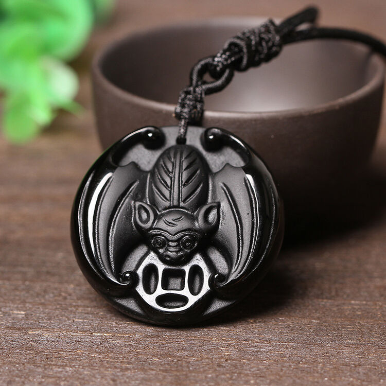 临香玉 黑曜石吊坠 磨砂黑曜石蝙蝠吊坠