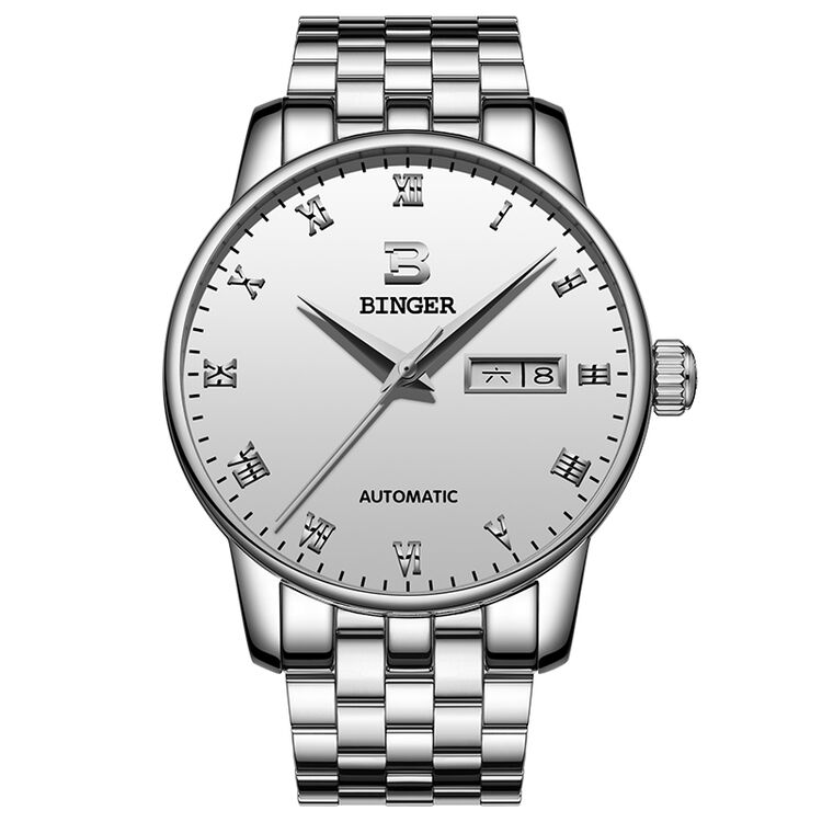 宾格(binger)手表男表全自动机械表商务男士腕表精钢防水 c104d钢带白