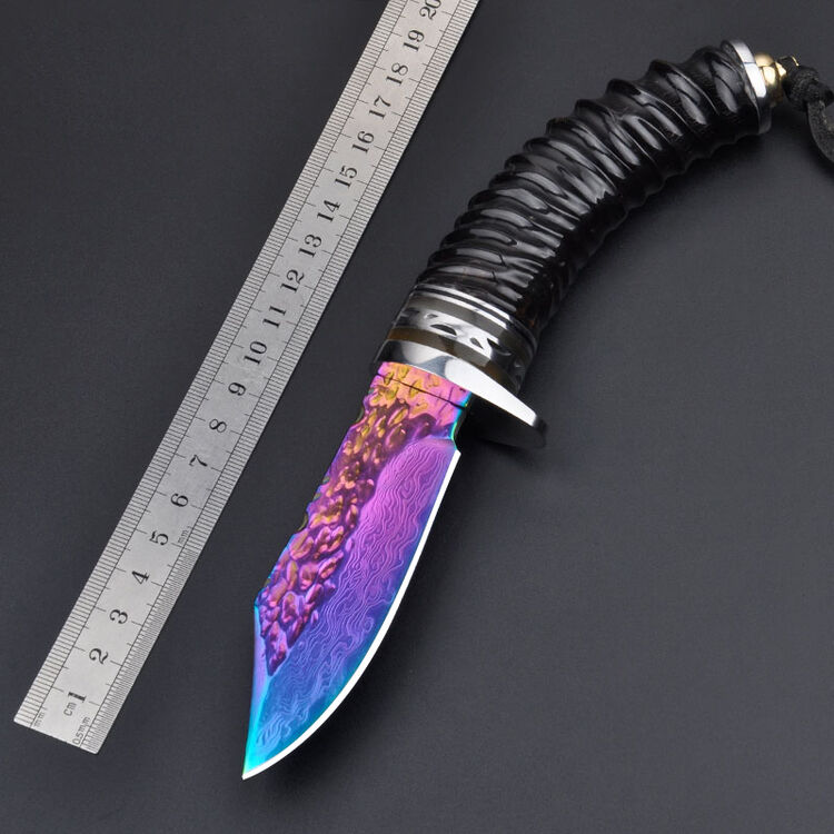 迈搏大马士革钢刀幻彩战刀手工刀黄羊角手柄收藏小刀礼品刀