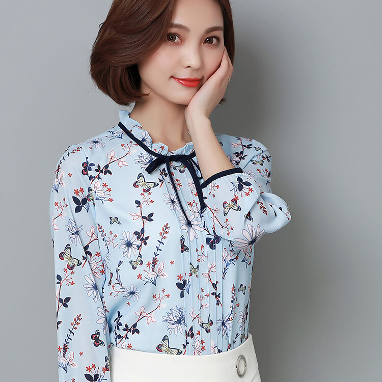 2017春夏新款女系带碎花长袖衬衫印花雪纺衫