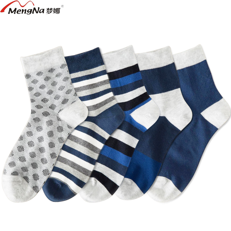 梦娜男袜秋冬四季袜子男士纯棉条纹中筒棉袜5双 均码五双