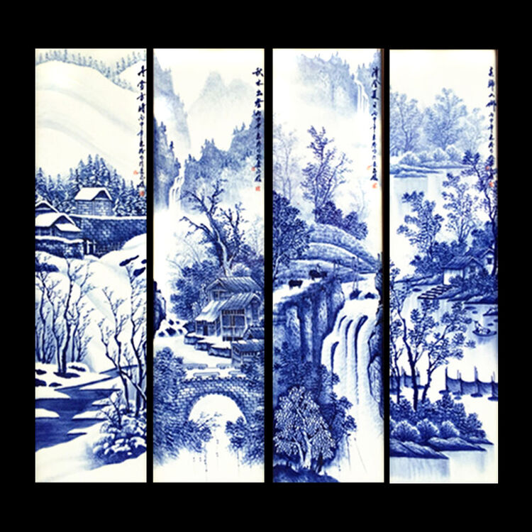 全手工陶瓷瓷板画 名人名家手绘青花山水画 长四副挂屏画春夏秋冬 123