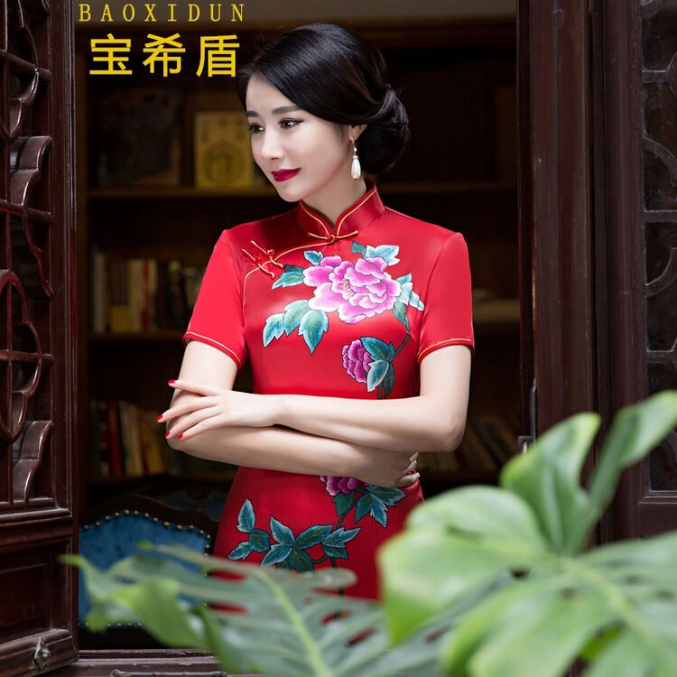 宝希盾双层丝绸长款新娘结婚嫁衣敬酒服唐装旗袍 漫天飞舞红 m