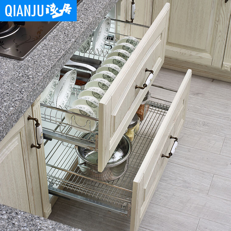 浅居 不锈钢拉篮 厨房橱柜拉篮 抽屉碗篮橱柜碗架 抽拉调味拉篮双层