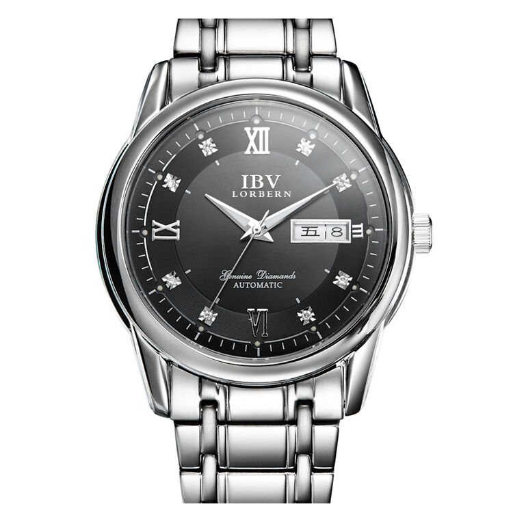 路宝(ibv)手表男士机械表 镶钻双日历多功能防水夜光男表 8610g 银边
