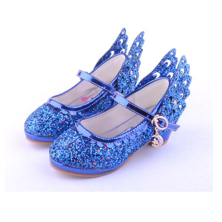 冰雪奇缘中大儿童水晶单鞋高跟鞋子小女孩亮片公主舞蹈鞋 蓝色翅膀单