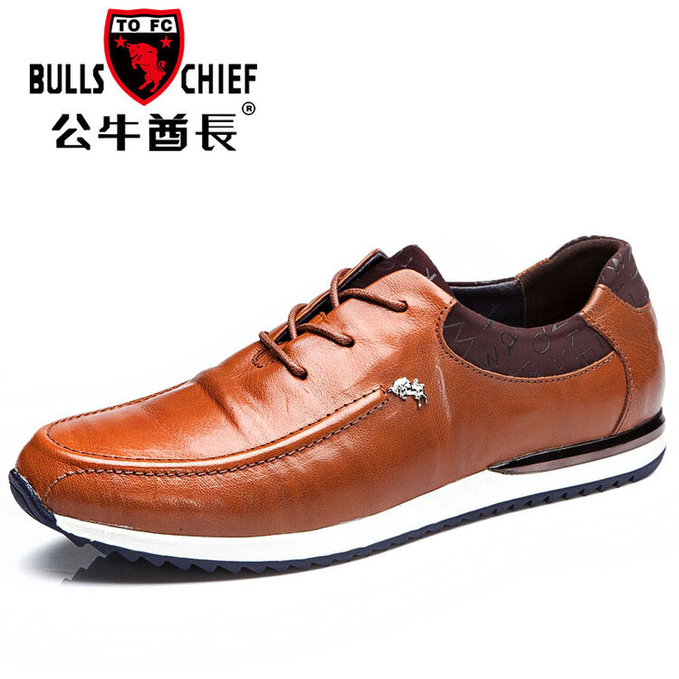 公牛酋长 休闲鞋男士系带头层牛皮皮鞋2017新款休闲皮鞋 15089 棕色