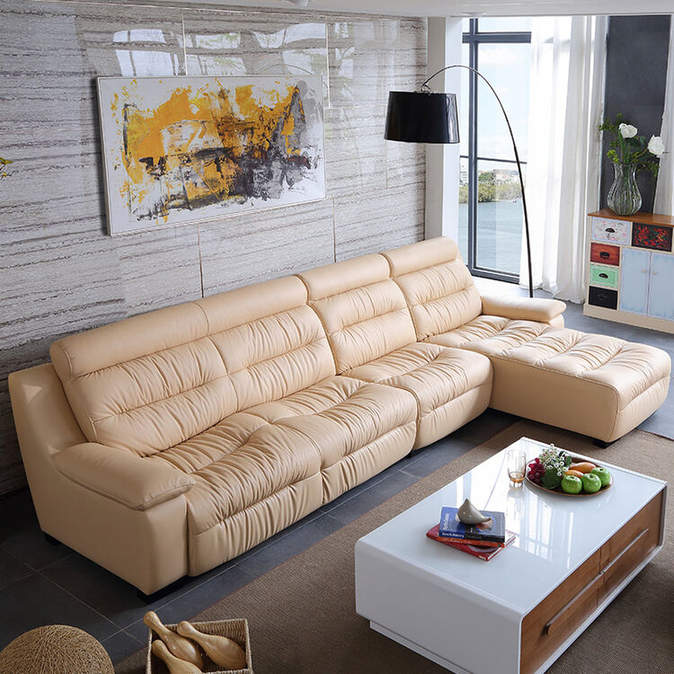 富利丰 现代简约皮沙发客厅转角组合大小户型功能沙发 杏色 单人位