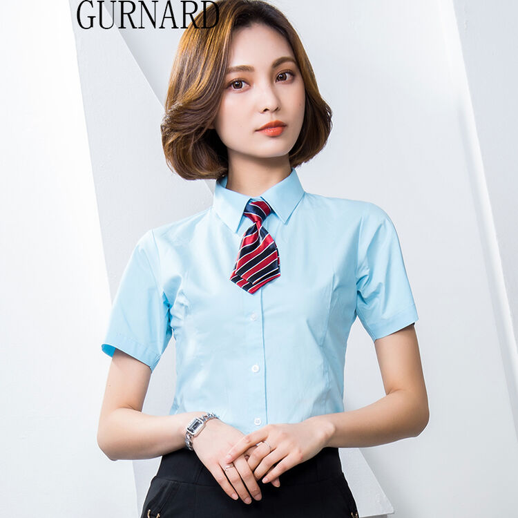 gurnard职业套装衬衫短袖男女同通勤工作服纯棉 女款浅蓝衬衫 s