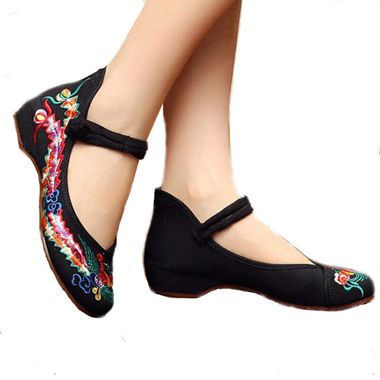 闪雷彩凤绣花舞蹈鞋布鞋女单鞋民族风广场 黑色 37