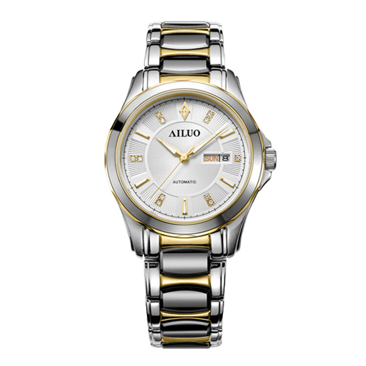 艾诺(ailuo)全自动机械手表男士手表 经典商务男士表6067 间金白面