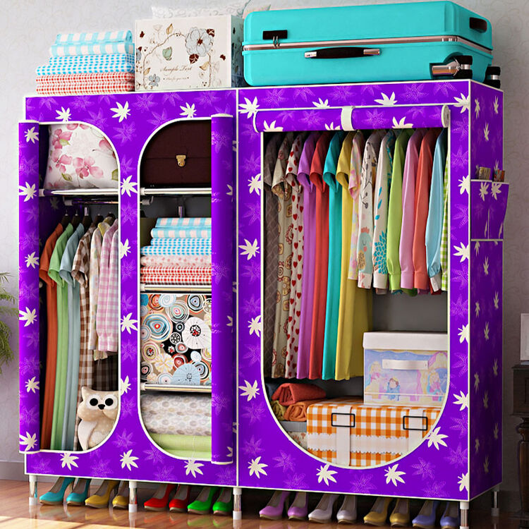 式钢架衣柜牛津布封闭衣橱25mm多功能柜子 u型款加固紫色枫叶牛津布
