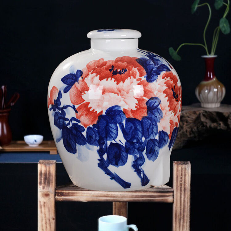 景德镇陶瓷手绘酒坛10斤20斤30斤50斤青花瓷酒坛子酒罐带龙头空酒瓶
