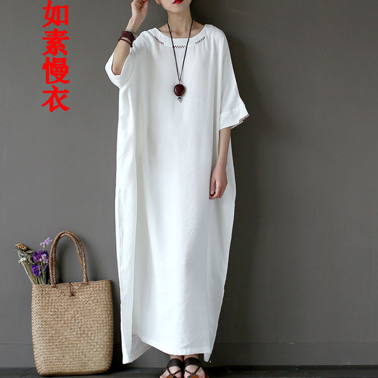 如素慢衣女装新款文艺手工刺绣袍子宽松民族风连衣裙2547 白色 l