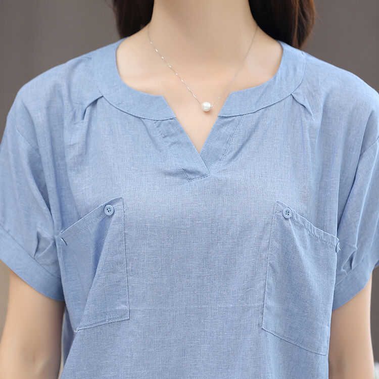 衣服女装夏季短袖宽松新款夏天麻布麻料上衣女夏装t恤 棉麻体血衫 浅