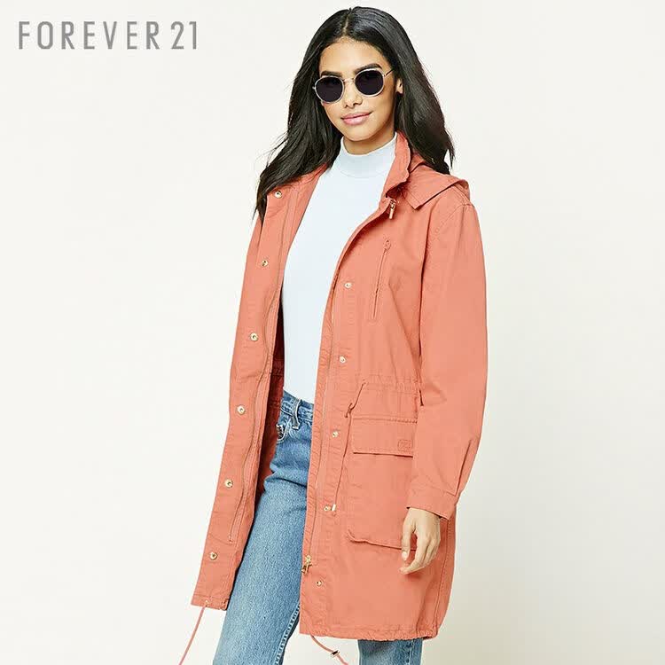 [f21]舒适全棉扣带领连帽夹克外套 鲑鱼红 s