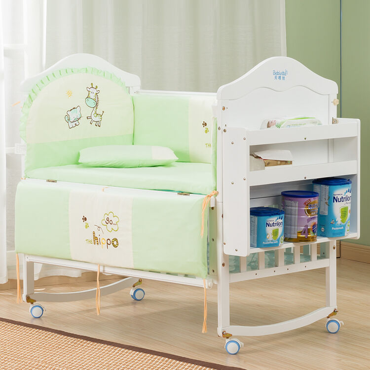 贝唯他(bebivita)婴儿床实木 欧式宝宝床 bb床摇篮 v9白色床 刺绣床品