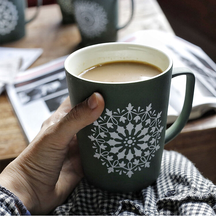简约雪花马克杯带盖水杯磨砂陶瓷杯子创意个性咖啡杯办公室杯