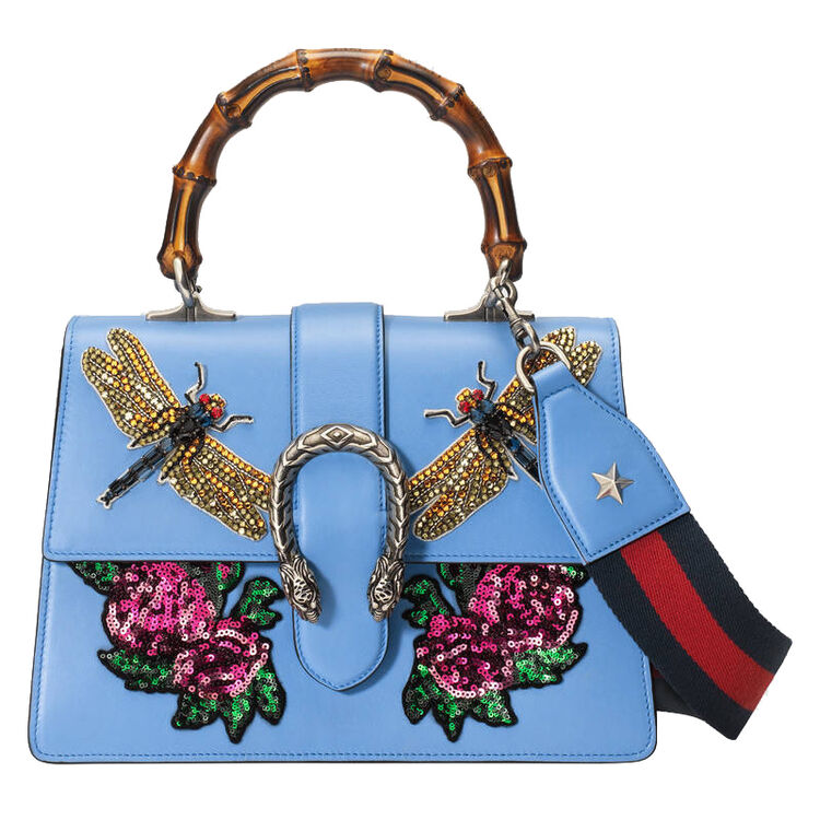 gucci古驰女包竹节手柄手提托特包448075 天蓝色花卉蜻蜓刺绣【图片