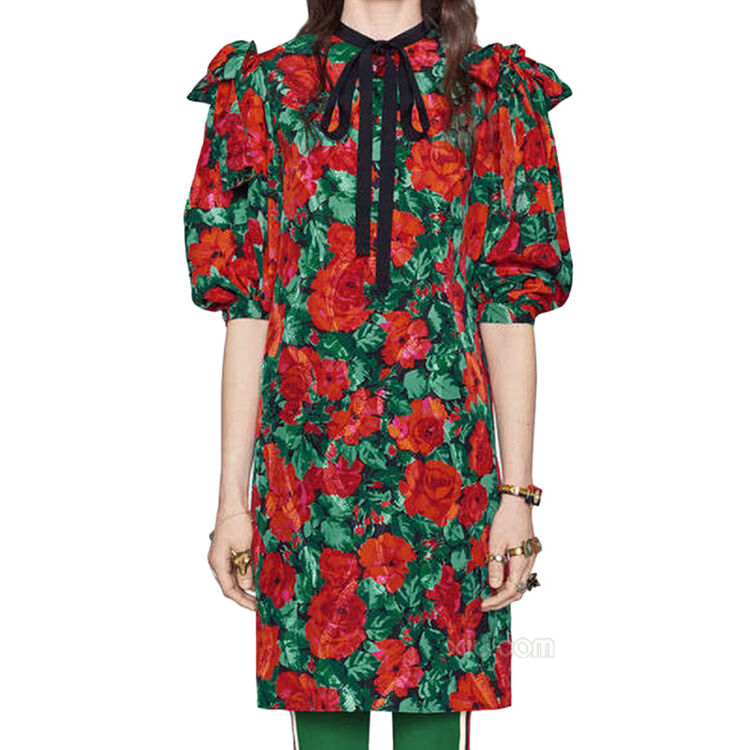 gucci古驰古琦 真丝泡泡袖连衣裙 472260 zix51 6160 红色 42