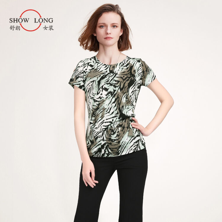 舒朗2018夏装新款 圆领显瘦印花短袖小衫女休闲衫短款 花色 l