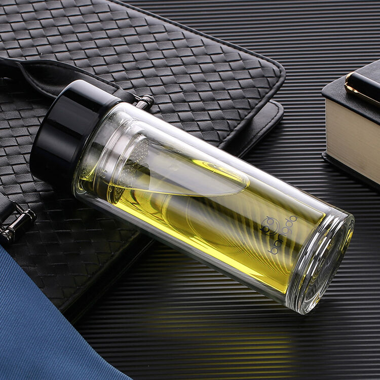 邦达 双层玻璃杯 透明带过滤网泡茶水杯 男士商务水杯子 黑色 300ml