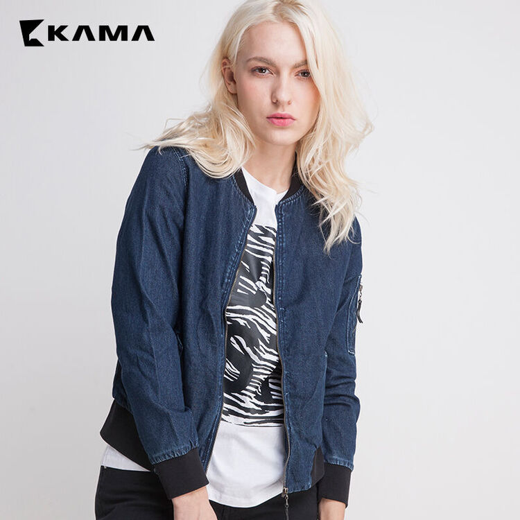 卡玛kama春季宽松休闲纯棉夹克欧美牛仔上衣女7117757 深蓝 s