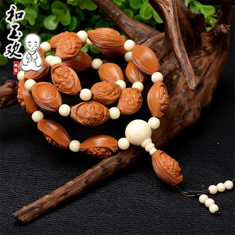 和玉欢 橄榄核雕刻单面十八罗汉多圈手串项链配饰