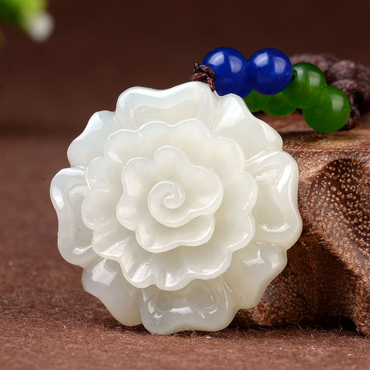 译玉 和田玉白玉吊坠项链花开富贵吊坠玉器饰品牡丹花玉石玉坠男女款