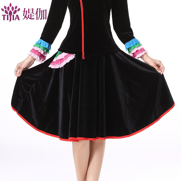 媞伽广场舞服装金丝绒下装新款裙波边冬季老年人舞蹈服237 黑色 均码