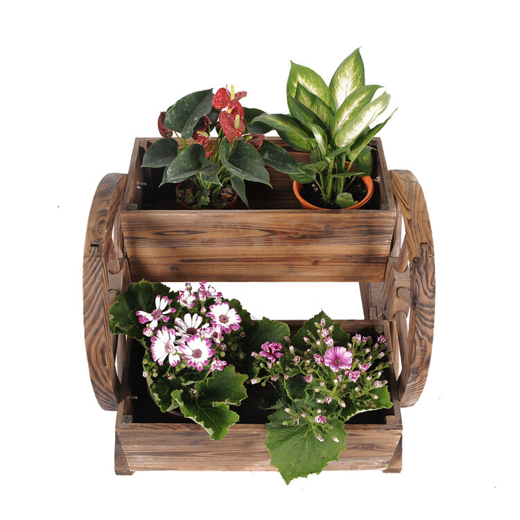 【德卉】 户外碳化防腐木花箱花盆花器花槽花架庭院双层车轮花园装饰