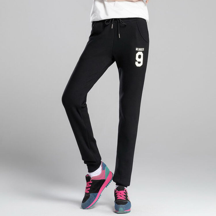 秋冬韩版休闲宽松大码运动加厚不倒绒女士卫裤 黑色长裤女式9字 黑色