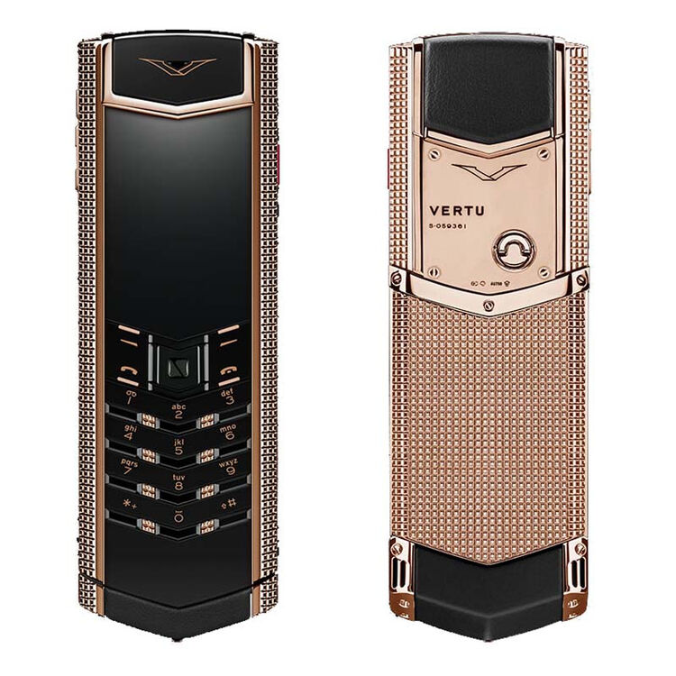 全球购 威图(vertu)经典signature系列18k玫瑰金巴黎钉纹黑色皮革手机