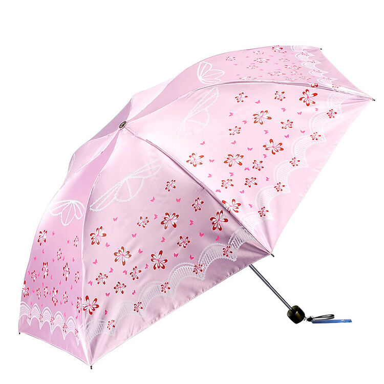 三折防紫外线太阳伞印花雨伞女士遮阳伞黑胶防晒伞 粉红