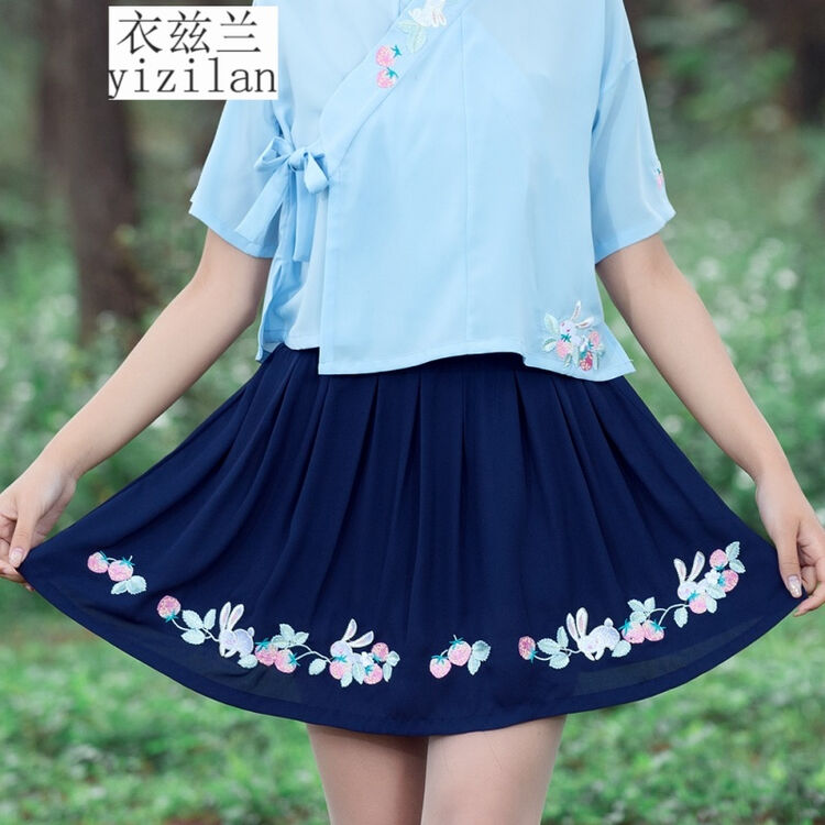 衣兹兰5611汉元素日常改良汉服女草莓兔子绣花裤裙-仅裤裙 深蓝色(仅