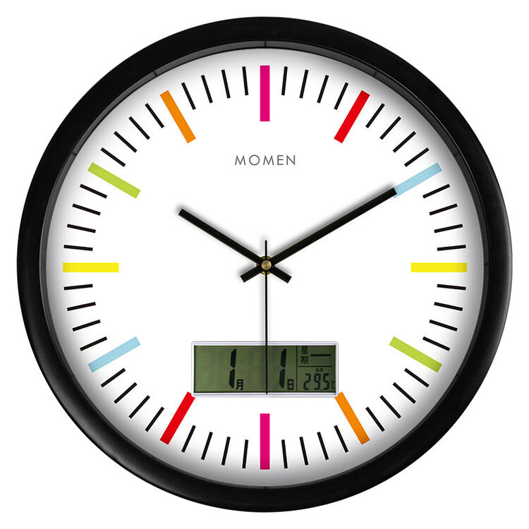 摩门(momen)挂钟 14英寸万年历温度计静音创意客厅日历挂表钟表lcd27