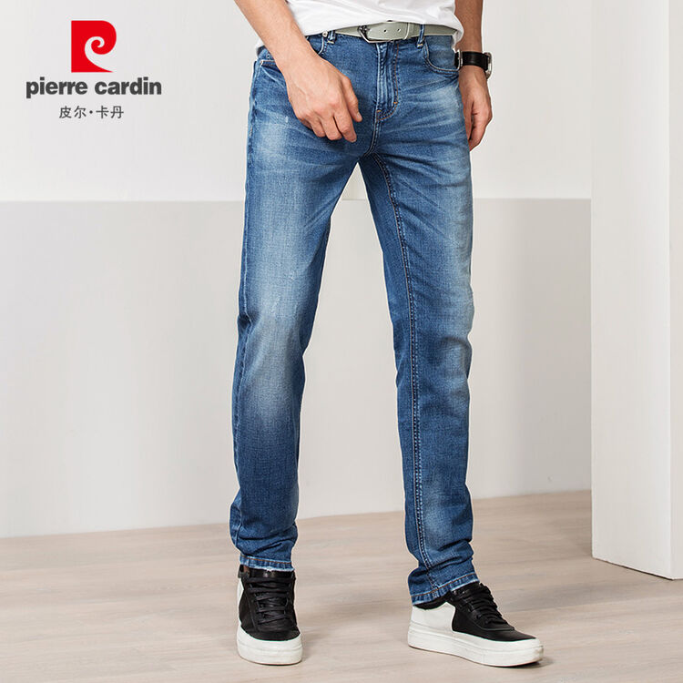 皮尔卡丹 牛仔裤男修身直筒磨白薄款夏季青春休闲时尚中腰弹力长裤男