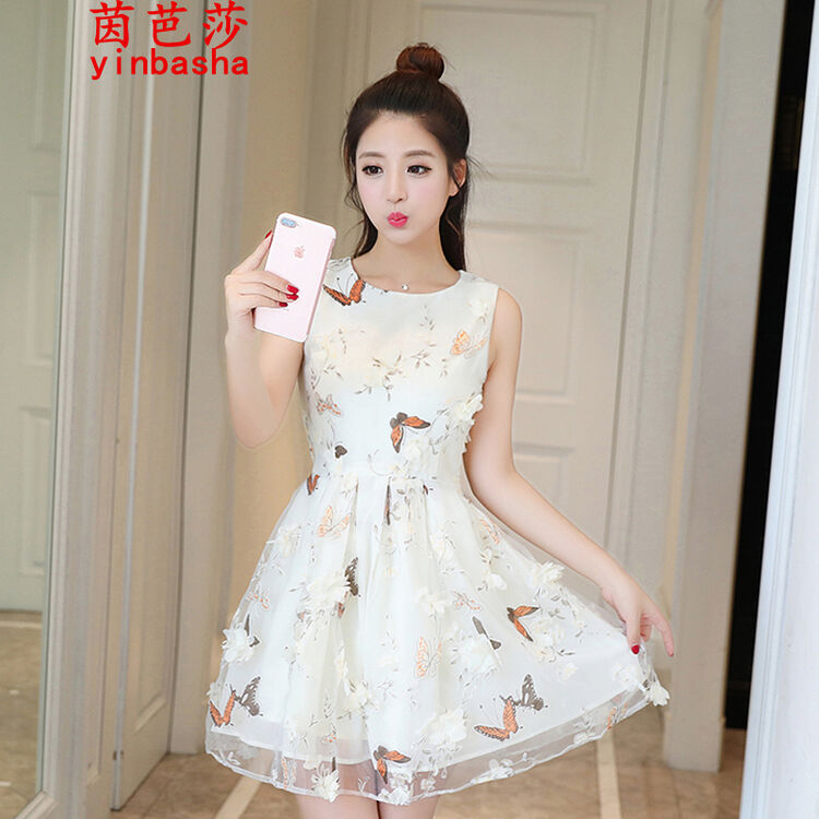 茵芭莎 2017夏装女新款韩版修身显瘦无袖雪纺欧根纱碎花背心裙b9356