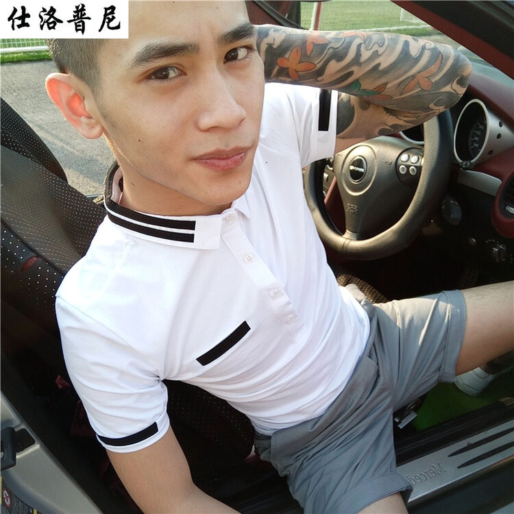 李耀阳高迪同款短袖修身t恤紧身翻领衬衫社会精神小伙男 双杆polo白色