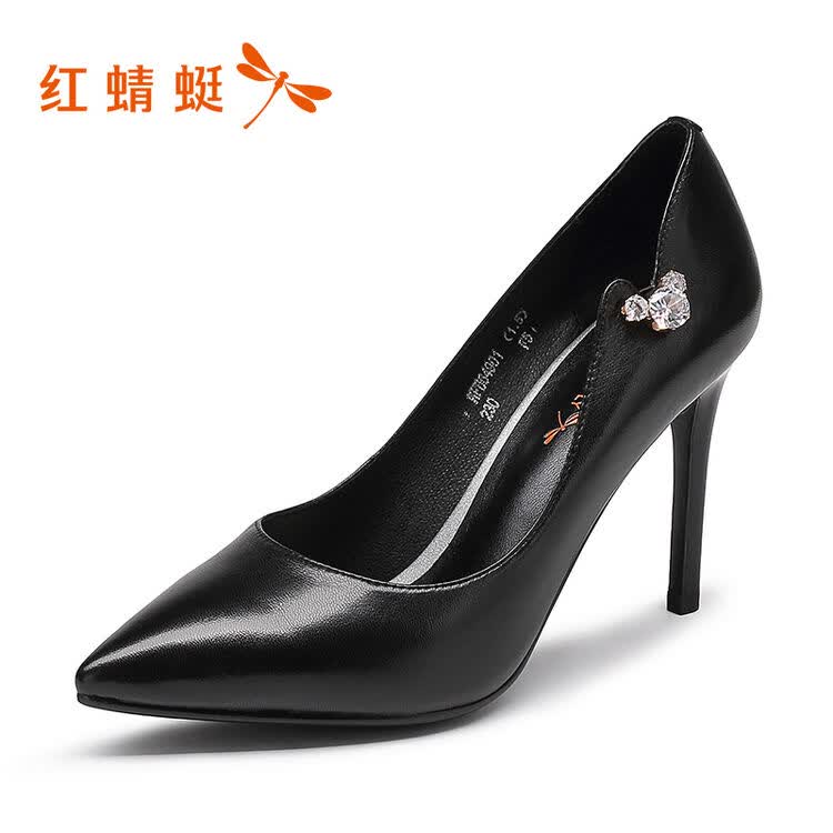 红蜻蜓女鞋春秋新款真皮羊皮时尚尖头镶钻女士皮鞋细跟高跟单鞋女