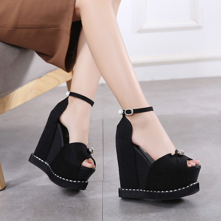 韩艾琳性感夜店恨天高凉鞋女坡跟内增高15cm超高跟鞋松糕鱼嘴鞋 黑色