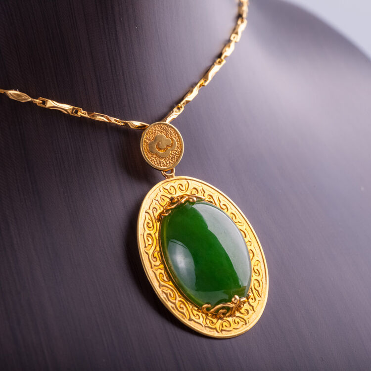 诚合珠宝 金镶玉吊坠 18k金和田玉碧玉挂件附赠925银项链 4.5克