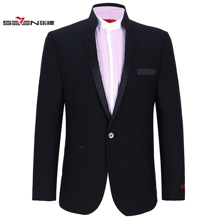 【中华立领】柒牌男装seven 西服套装男立领毛呢套西礼服 黑色b版标准