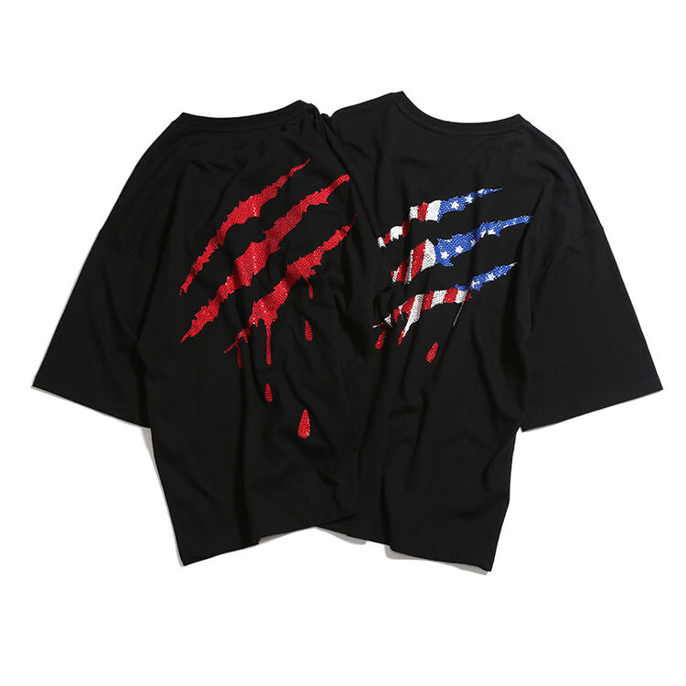 suamoment新款一代烫钻血爪痕抓痕宽松五分七分短袖t恤男纯棉tee潮牌