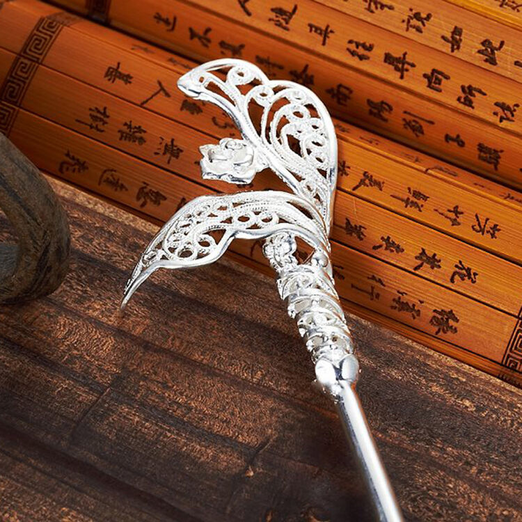 百寻s990足银莺歌蝶舞民族风盘发头饰女手工经典纯银发簪头钗簪子