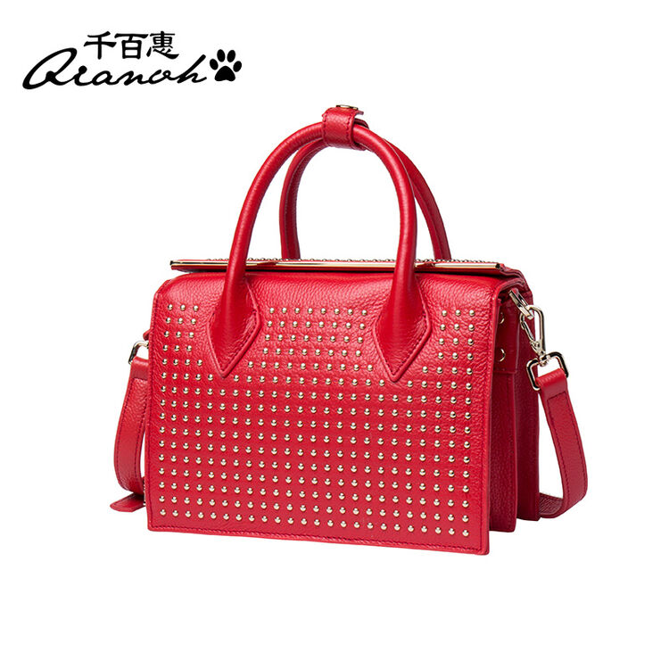 千百惠(qianbh)女士真皮手提包秀丽柳钉包新式搭扣单肩包斜挎包女01