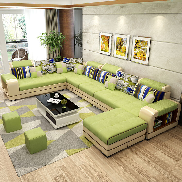 卧暖舒 沙发 布艺沙发可拆洗组合客厅家具606 草绿色· 六件套(送地毯