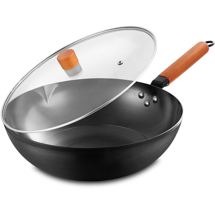 拜格bayco精铁炒锅32cm木制手柄聚能环加厚精铁炒锅带玻璃锅盖bg1183