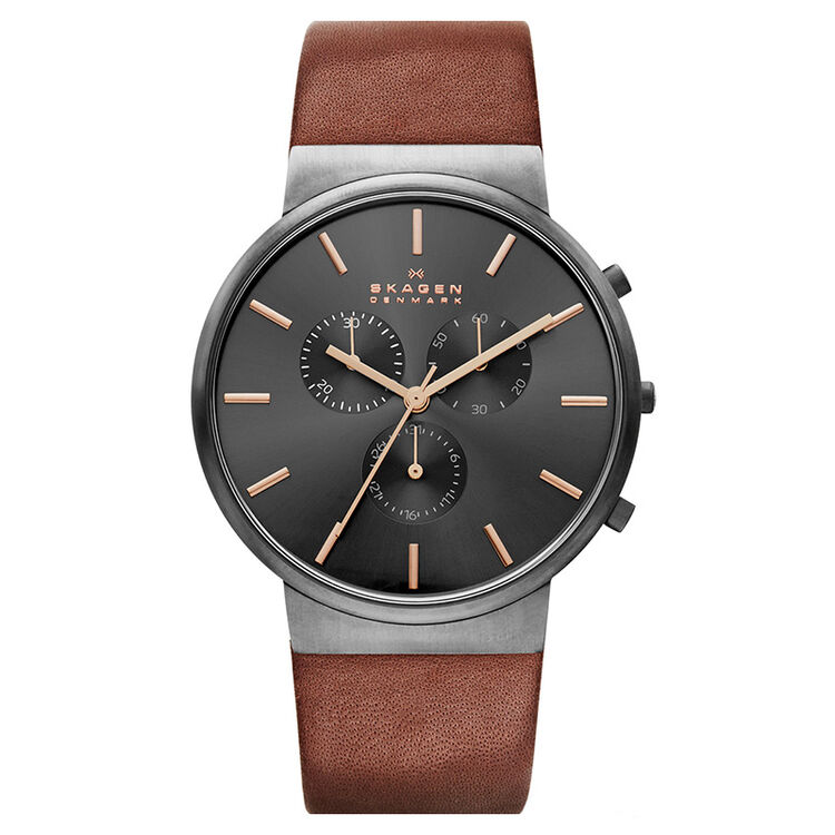 诗格恩(skagen)手表 棕色皮质表带黑色表盘休闲复古石英男表 skw6106