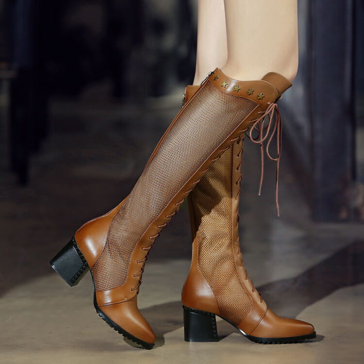 欣满逸族真皮高跟粗跟网靴春夏秋单靴系带高筒长靴英伦复古风 杏色 38